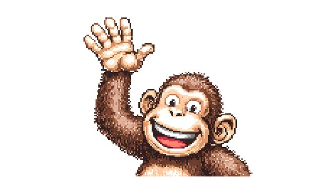 Retro Pixel Art Cute Monkey Character Waving Hand On White.