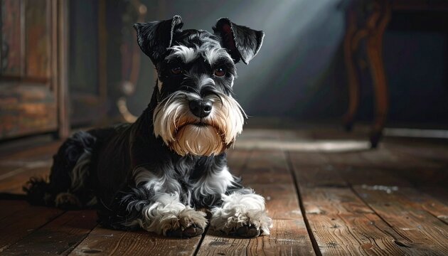 Miniature Schnauzer Dog Lying on a Wooden Floor