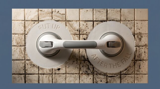 Metaphorical concept of a bathroom grab bar on a tiled wall with the embossed text Put Up After The Fall, illustrating reactive safety measures and the regret of not acting sooner.