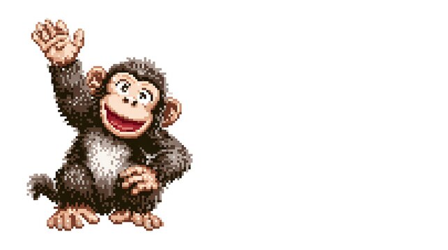 Retro Pixel Art Cute Monkey Character Waving Hand On White.