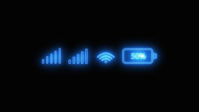 Set of colorful neon smartphone status bar icons showing cellular signal strength wifi connection and fifty percent battery charge level isolated on black background
