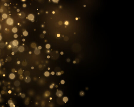 Abstract gold sparkles scatter across a black background. Glowing particles add energy. Modern celebration design.