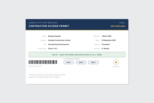 Contractor site access permit card mockup with validity band and holder details