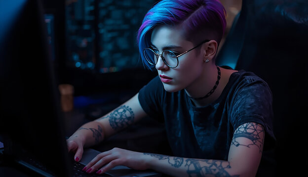 A woman with purple hair and glasses sits at a desk, using a computer for tasks or research.