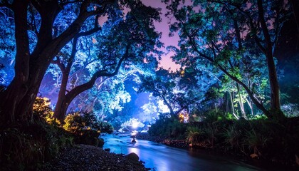 Fototapeta premium Enchanting Blue Forest Landscape with a Flowing Stream at Night
