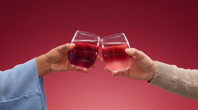 Two people clinking stemless glasses filled with sparkling red beverage against a solid maroon background with displays two