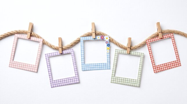 Five colorful gingham pattern paper frames hanging from rustic hemp rope against white background surface with displays five