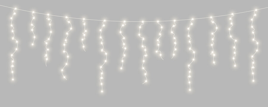 PNG warm LED string lights arranged in an elegant arc. Golden bulbs shine softly on transparent background. Perfect for Christmas decorations.