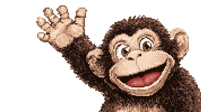 Retro Pixel Art Cute Monkey Character Waving Hand On White.