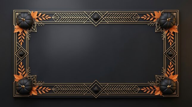 An elegant rectangular frame with intricate gold art deco patterns on a dark background perfect for a stylish halloween invitation design