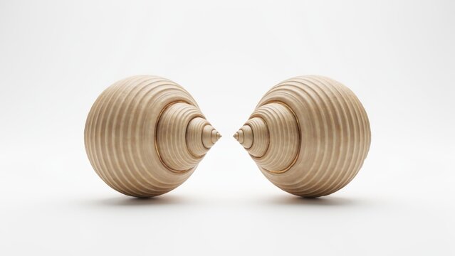 Two identical wooden spherical sculptures featuring concentric circular grooves placed symmetrically on clean white background with arranged symmetrically facing