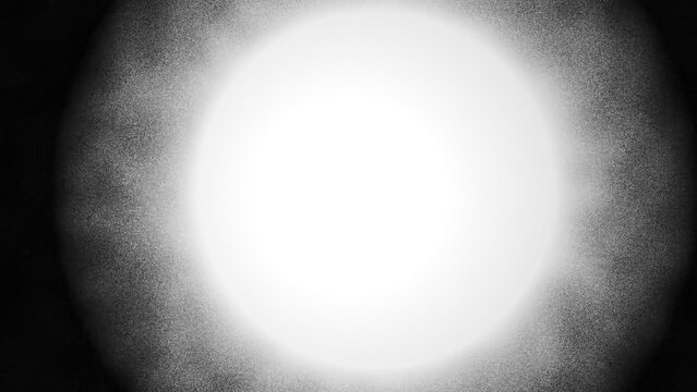Monochrome vignette background with central white bright light and grainy noise texture framing