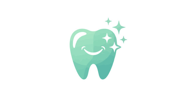 Sparkling clean smiling tooth character vector illustration featuring vibrant green gradients and bright decorative star icons