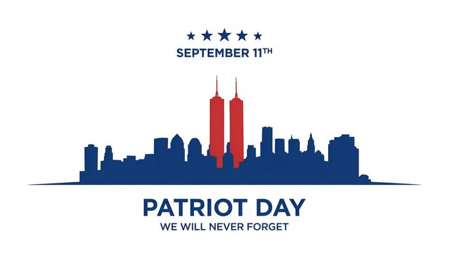 September 11 Patriot Day memorial graphic features blue skyline silhouette and red twin towers for national remembrance day posters and commemorative social media announcements theme.