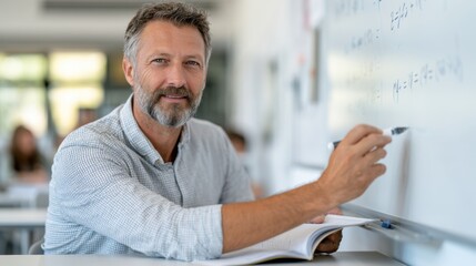 Fototapeta premium Male teacher with gray beard writing on whiteboard in classroom, students seated at desks in background, natural light illuminating educational environment