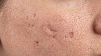 Fototapeta premium Close up of pitted acne scars and large pores on cheek
