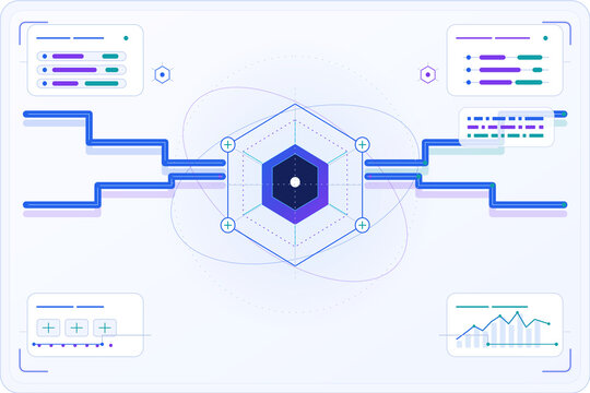 Central hexagon hub with flowing data lines and analytical charts on a clean white background