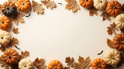 Fototapeta premium A beautiful festive frame made of assorted pumpkins and autumn leaves perfect for your creative halloween seasonal holiday design projects