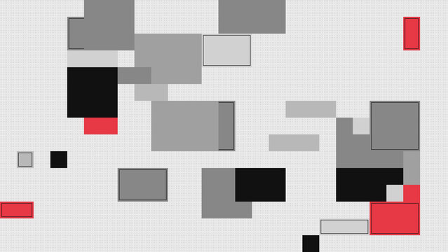 Geometric abstract pattern with scattered rectangles in red black and grey tones on white background