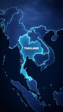 Vertical map animation highlighting Thailand, Southeast Asia, featuring glowing cyan borders, scanline textures, and typography, perfect for a mobile app promo or social media travel campaign.
