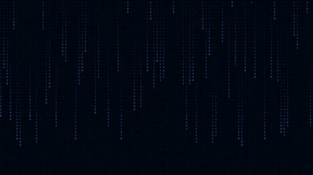 Abstract futuristic digital rain background. Falling blue glowing binary code matrix effect on a dark space. Cyber security data stream loop