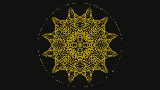 Golden geometric mandala pattern in a circular frame against a dark background representing unity and symmetry