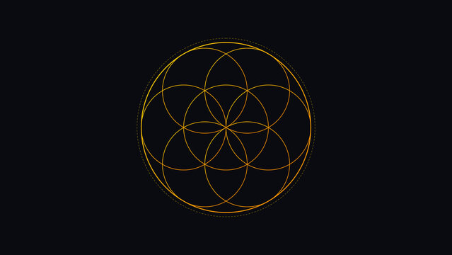 Golden Geometric Seed of Life pattern on dark background with selective focus for spiritual concepts