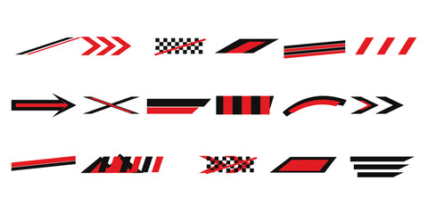 Obraz premium Set of red and black racing stripes and car decal stickers for vehicle body design graphics