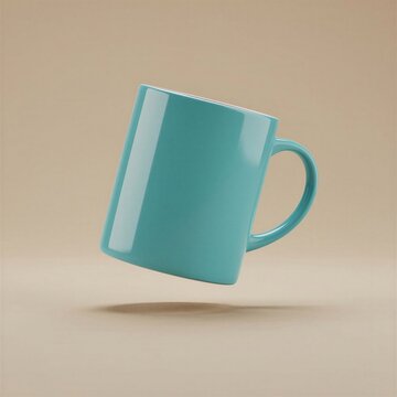 Floating turquoise ceramic mug with glossy finish on beige background, tilted empty coffee cup with soft shadow for branding and beverage mockup design, copy space