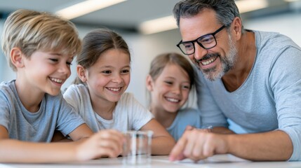 Fototapeta premium Adult male teacher interacts with three children during a classroom activity, all smiling and engaged, with a glass of water on the table in a modern educational setting