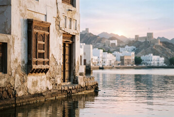 Obraz premium Muscat, Oman. Sunrise. Cinematic Macro shot showing the skyline of the capital city.