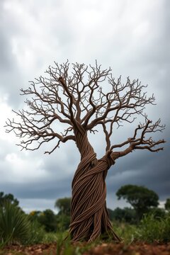 Surreal fantasy tree with twisted braided trunk and bare branches against stormy sky