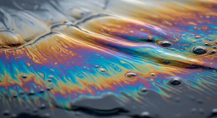 Naklejka premium Rainbow Oil Slick on Water: A mesmerizing iridescent oil slick floats on the water's surface, creating a vibrant, abstract pattern of swirling colors and textures.