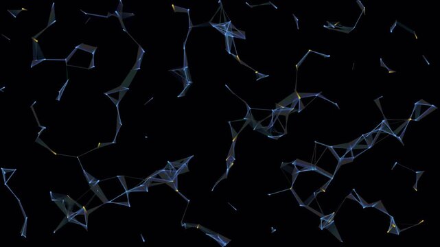 Abstract digital network connection background. Futuristic plexus effect with glowing blue and gold dots and connecting lines on a black space