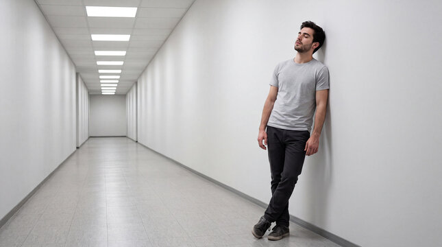  Leaning Against the Wall Taking a Deep Breath at the End of a Corridor