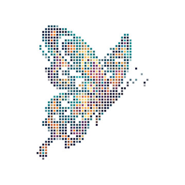 Colorful butterfly silhouette composed of small square pixels, featuring a gradient of blue, orange, and purple hues on a white background isolated on a transparent background