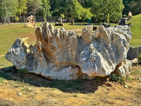 Unique geological formations and natural stone landscape in a park near Kharkiv, Ukraine