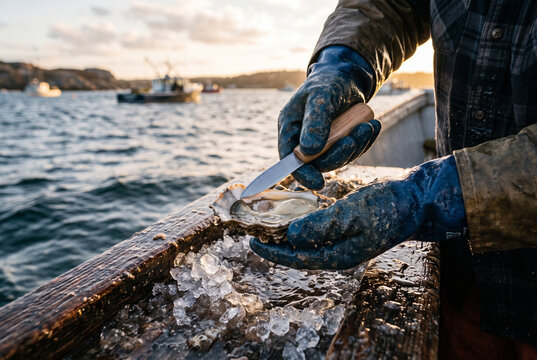 Fisherman hands in rubber gloves shucking fresh raw oyster on boat at sea during golden hour