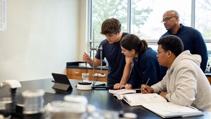 Fototapeta premium Students and teacher performing chemistry experiment in school laboratory. Young man, young woman, boy and male instructor checking scientific evidence with tablet.
