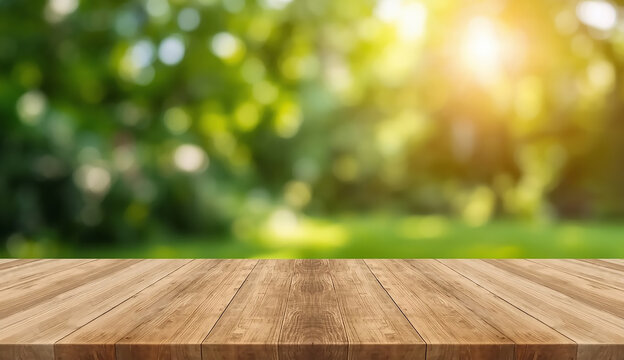 Empty wooden table top with a blurred green background, suggesting a serene outdoor setting.
