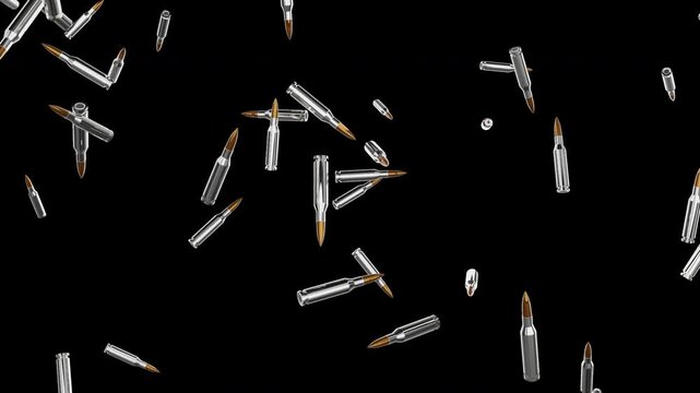 Falling Silver Rifle Bullets Ammo Rain Motion Overlay Loop Rendered in ProRes 4444 Alpha Channel Transparent Background for Action Warfare Combat Games and Military Video Edits