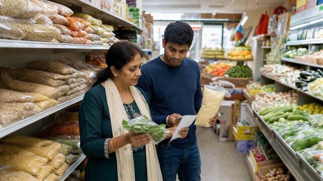 Indian woman and young man shopping for groceries in food market. Customer holding checklist and produce in international store. Diaspora lifestyle and healthy nutrition concept.