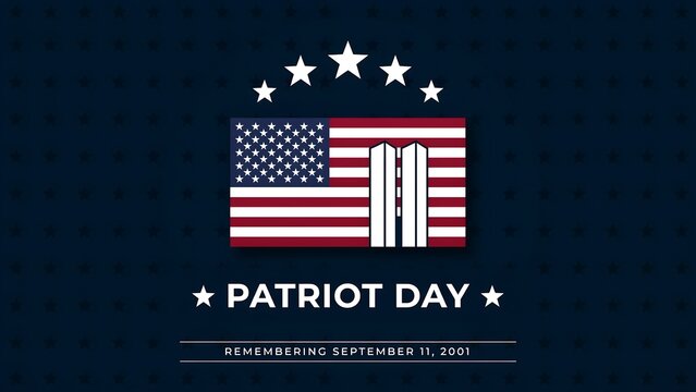 Patriot day remembering september 11, 2001 text with american flag and twin towers graphic on dark blue star pattern background.