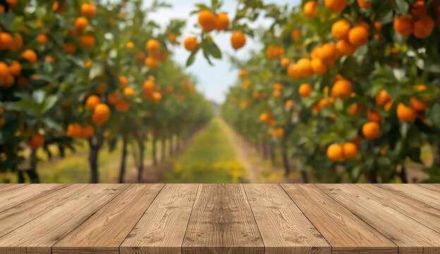 A rustic wood table top with an orange grove behind it, featuring bright oranges and green leaves in a sunny environment.