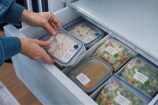 Woman organizing freezer with leftovers in labeled containers. Zero waste food storage for Thanksgiving holiday meal preparation.