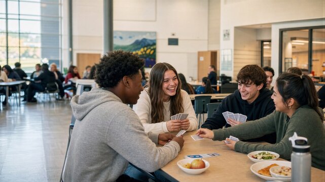Group of diverse student friends playing cards during lunch break in cafeteria. Happy man and woman enjoying leisure time together.