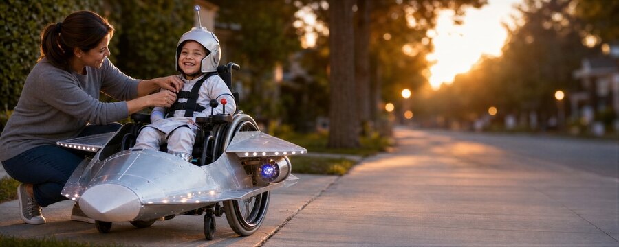 Mother adjusting the spaceship costume on her child in a wheelchair. Creative Halloween outfit design for a kid with a disability. Inclusion, imagination and family love concept.