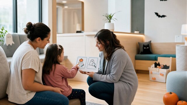 Therapist showing girl visual choice board in pediatric clinic. Child pointing at communication card for therapy session.