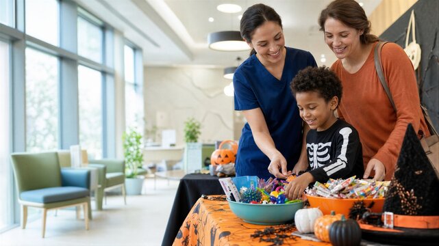 Nurse giving Halloween candy to a boy in skeleton costume with his mother in hospital lobby. Community event for inclusive celebration. Medical professional and child, festive joy.