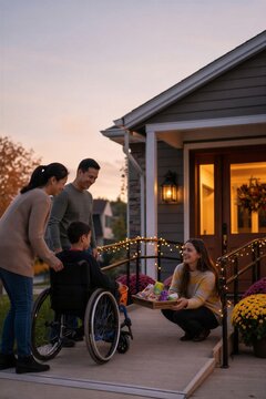 Woman handing candy to a boy in a wheelchair during Halloween. Parents helping their child go trick or treating at a house porch. Inclusive holiday celebration and community fun.